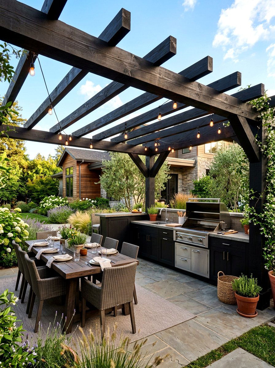 Modern pergola with lights - 25 Spring Outdoor Kitchen Decor Ideas