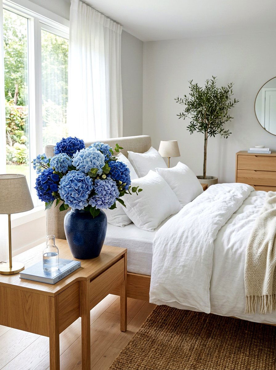 Monochromatic Blue Hydrangea Arrangement - 25 Spring Hydrangea Centerpiece Ideas