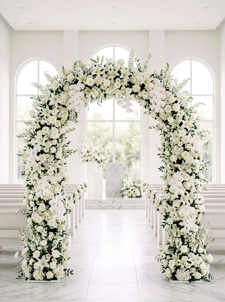 Monochromatic White Arch - 25 Spring Wedding Arch Ideas