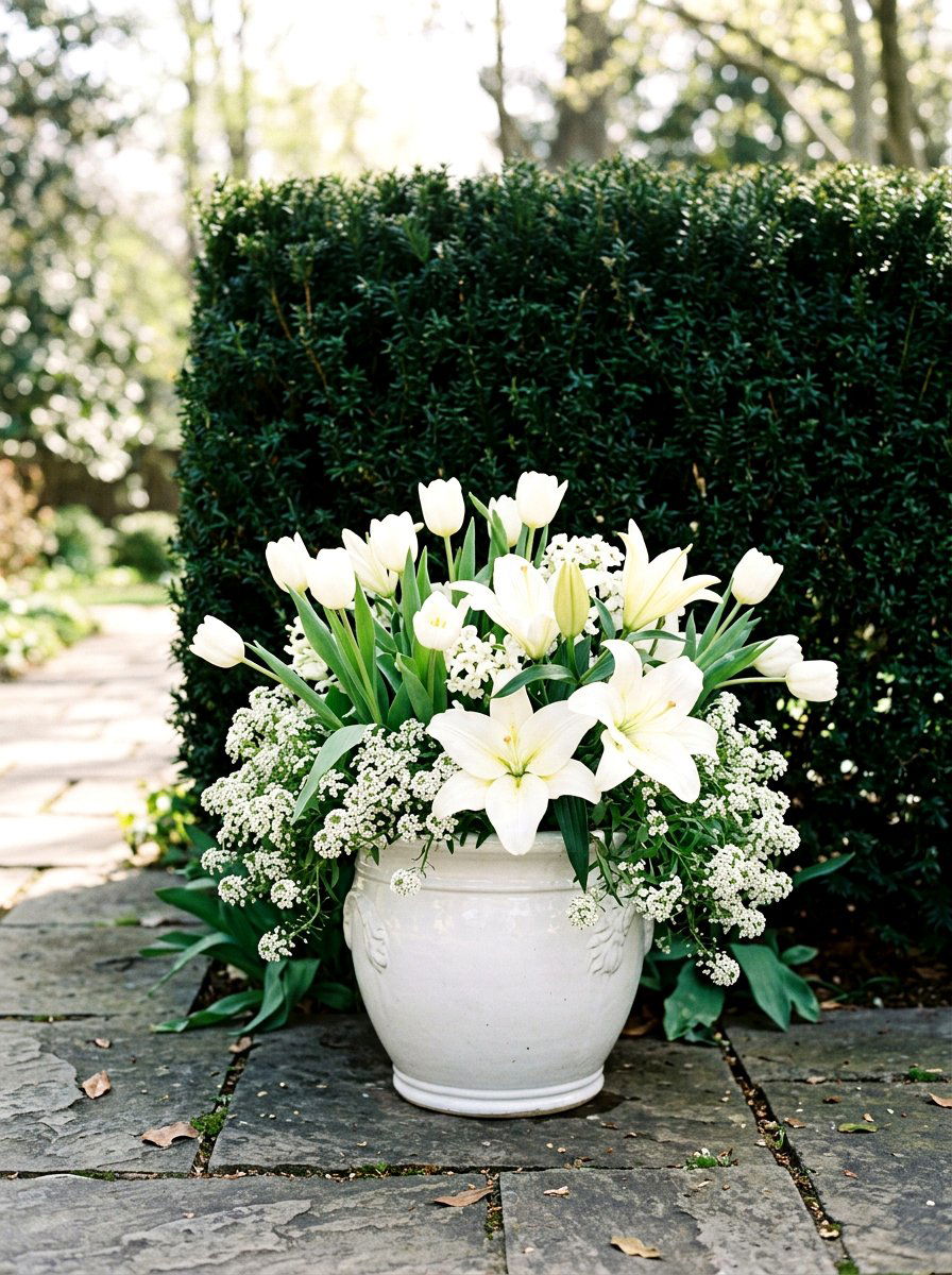 Monochromatic White Flower Pot - 25 Spring Garden Planter Ideas