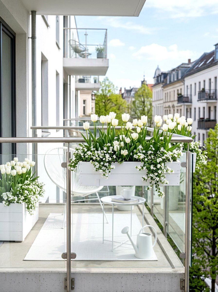 Monochromatic White Spring Flowers - 25 Spring Balcony Flower Box Ideas