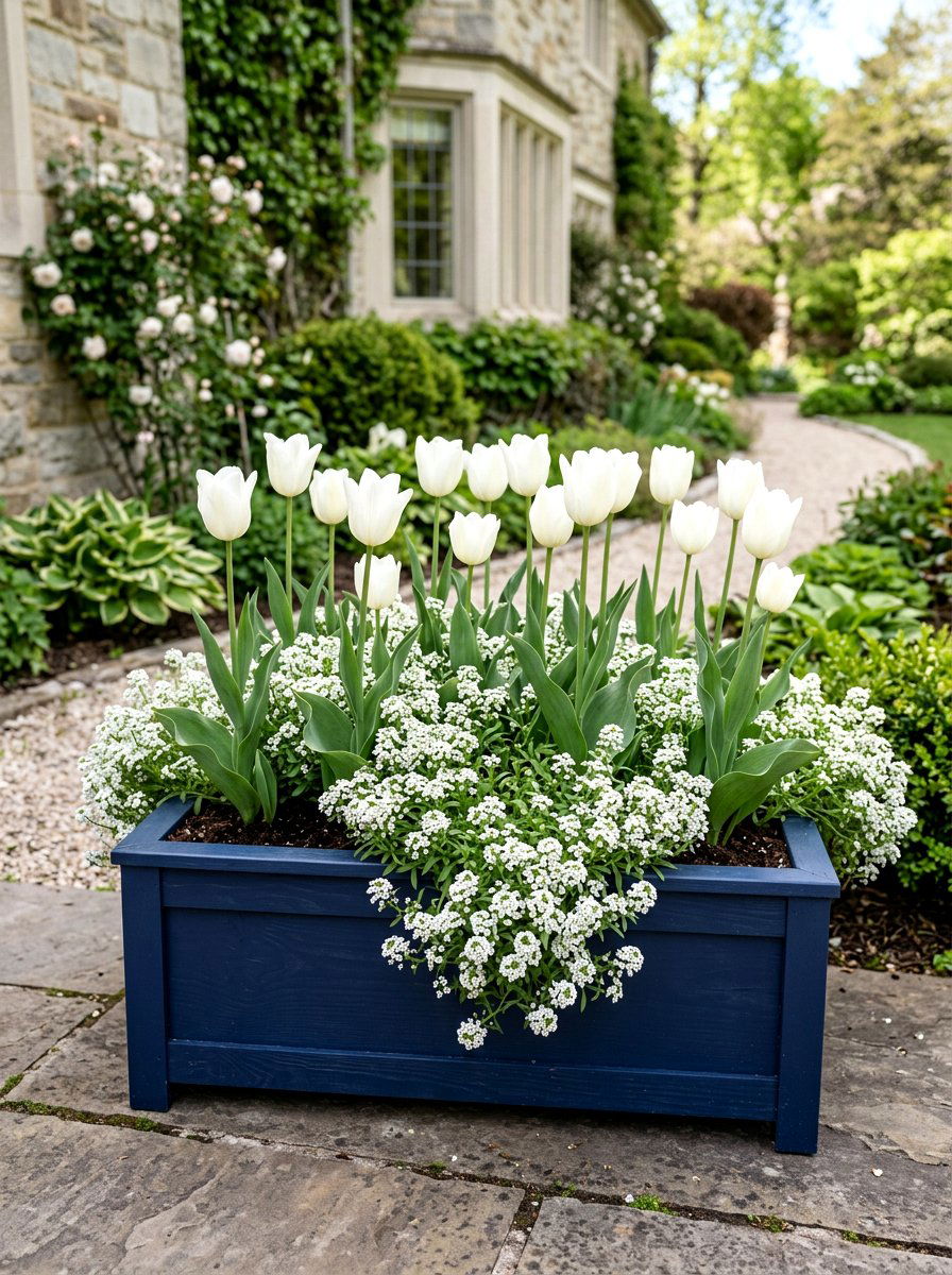 Monochromatic White Spring Planter - 25 Spring Planter Box Ideas