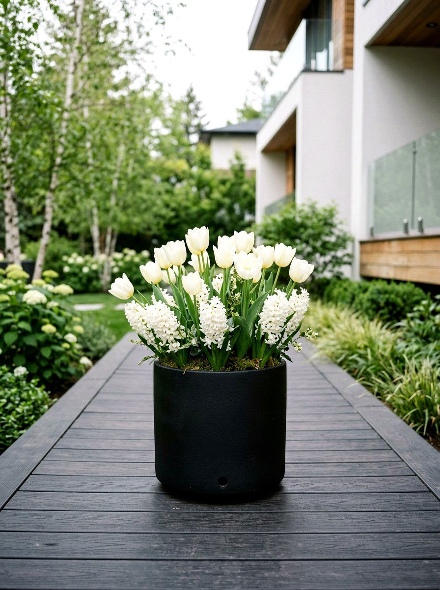 Monochromatic white spring pot - 25 Spring Container Garden Ideas