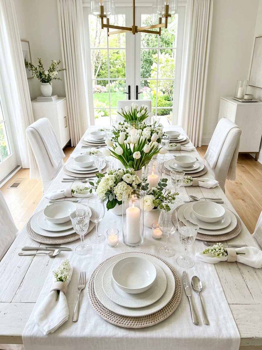 Monochromatic white spring table - 25 Spring Place Setting Ideas