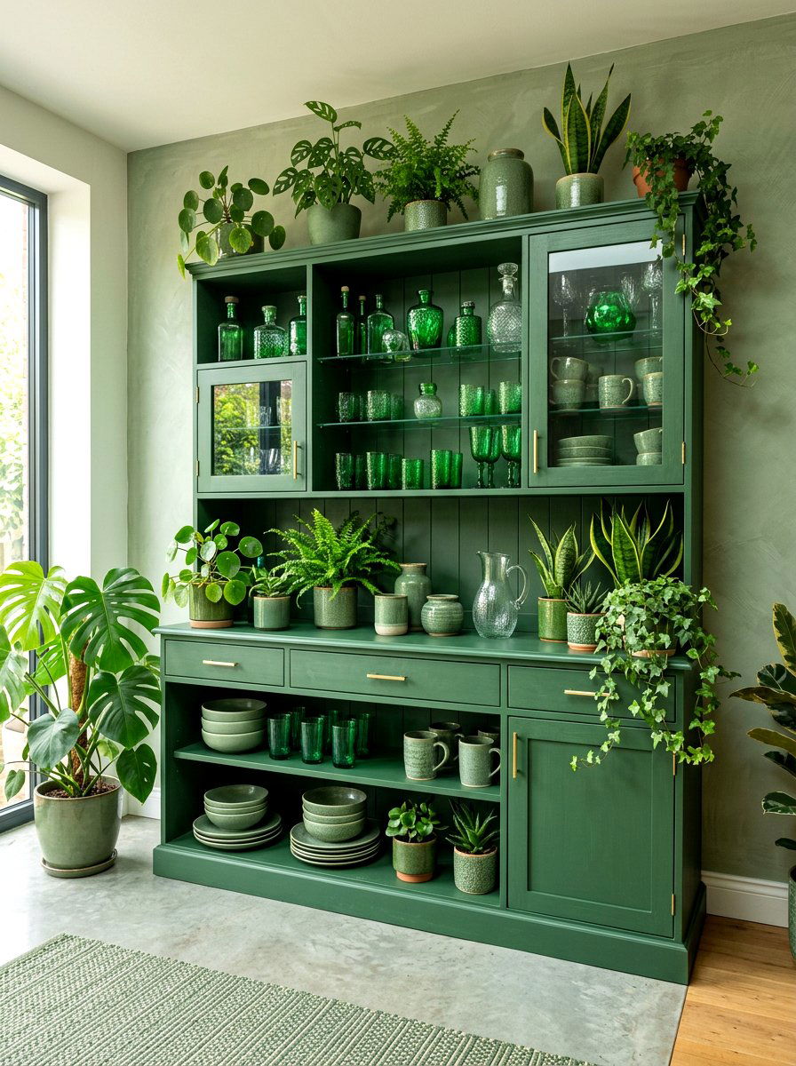 Monochrome Green Hutch - 25 Spring Hutch Decor Ideas