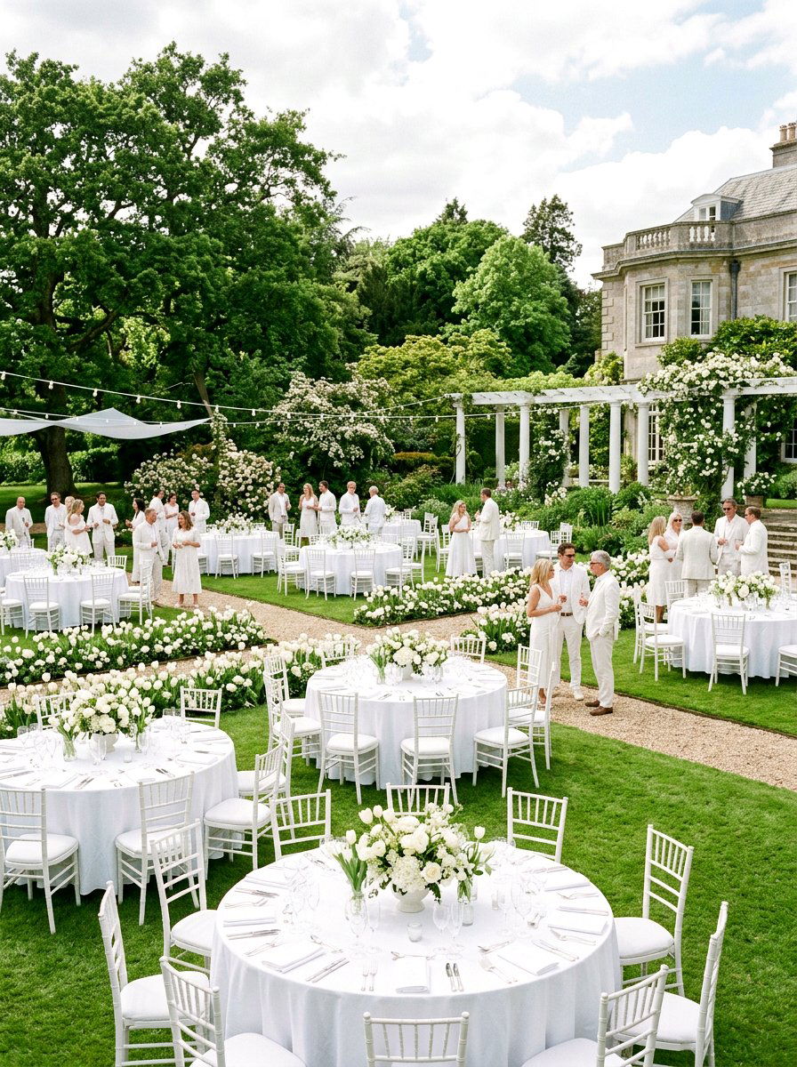 Monochrome White Garden Party - 25 Spring Outdoor Dining Table Decor Ideas