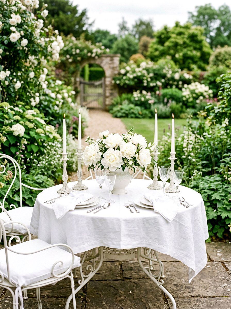 Monochrome White Garden Table - 25 Spring Garden Table Decor Ideas