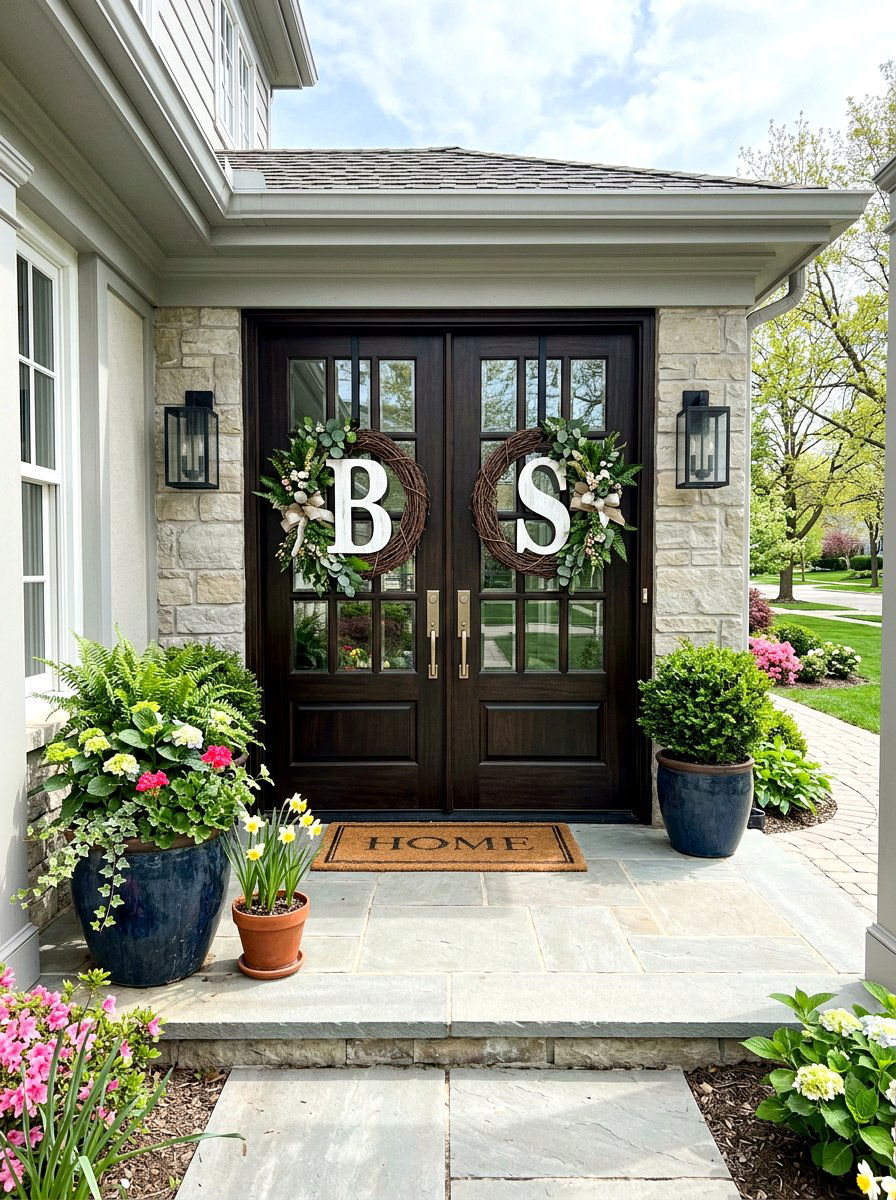 Monogram Initial Wreath - 25 Spring Double Door Wreath Ideas