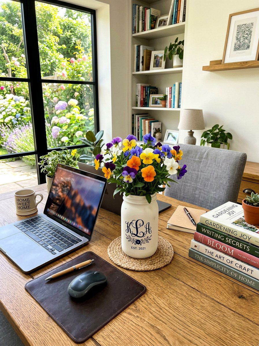 Monogrammed Mason Jar With Pansies - 25 Spring Mason Jar Flower Ideas