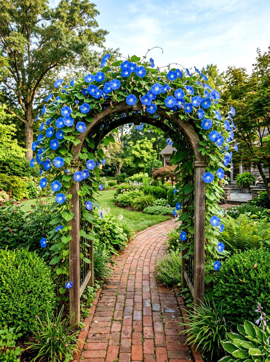 Morning Glory Climbing On Garden Entrance - 25 Spring Garden Arbor Decor Ideas