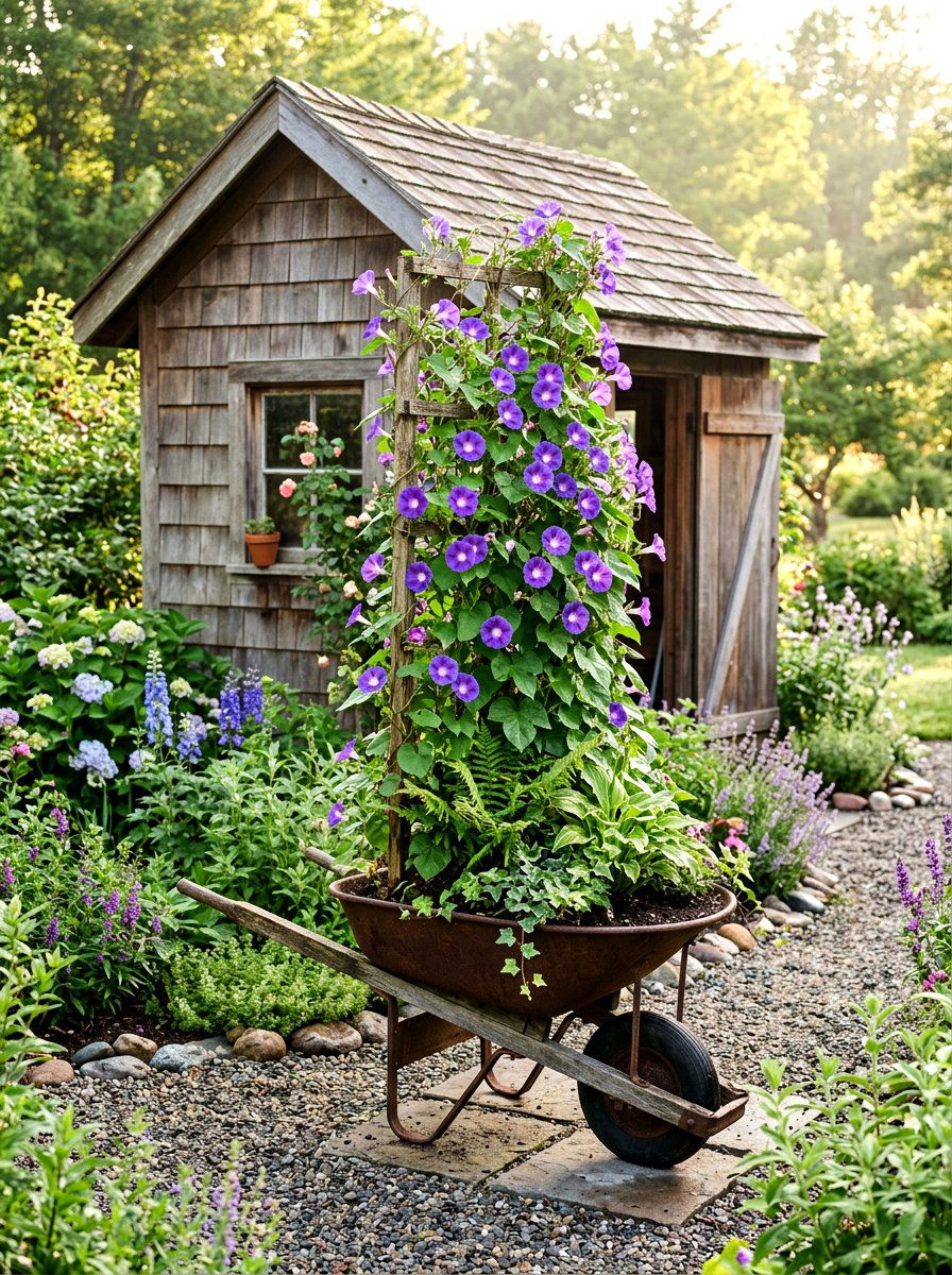 Morning Glory Climbing Wheelbarrow - 25 Spring Wheelbarrow Decor Ideas
