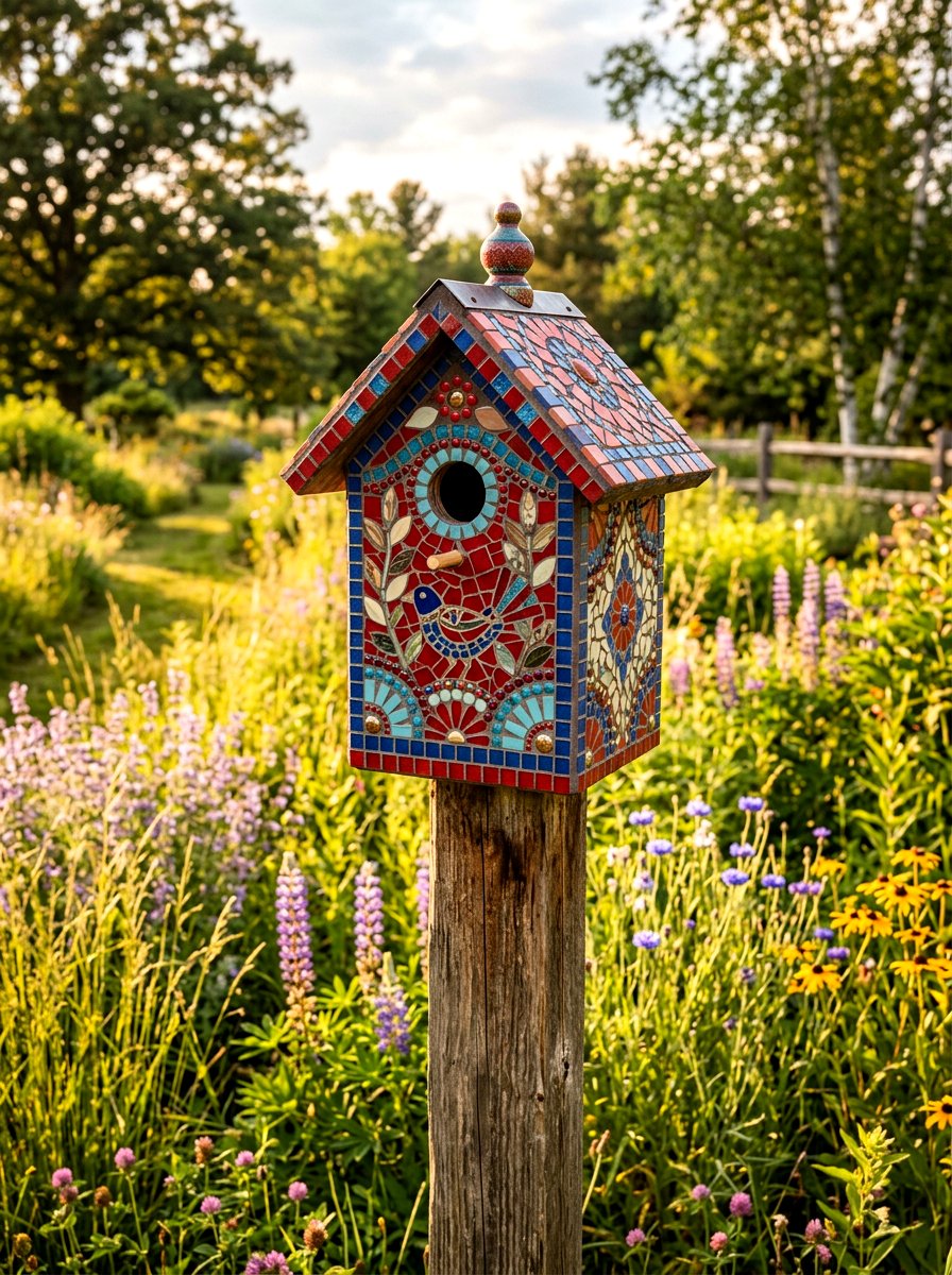 Mosaic Bird House - 25 Spring Mosaic Garden Decor Ideas