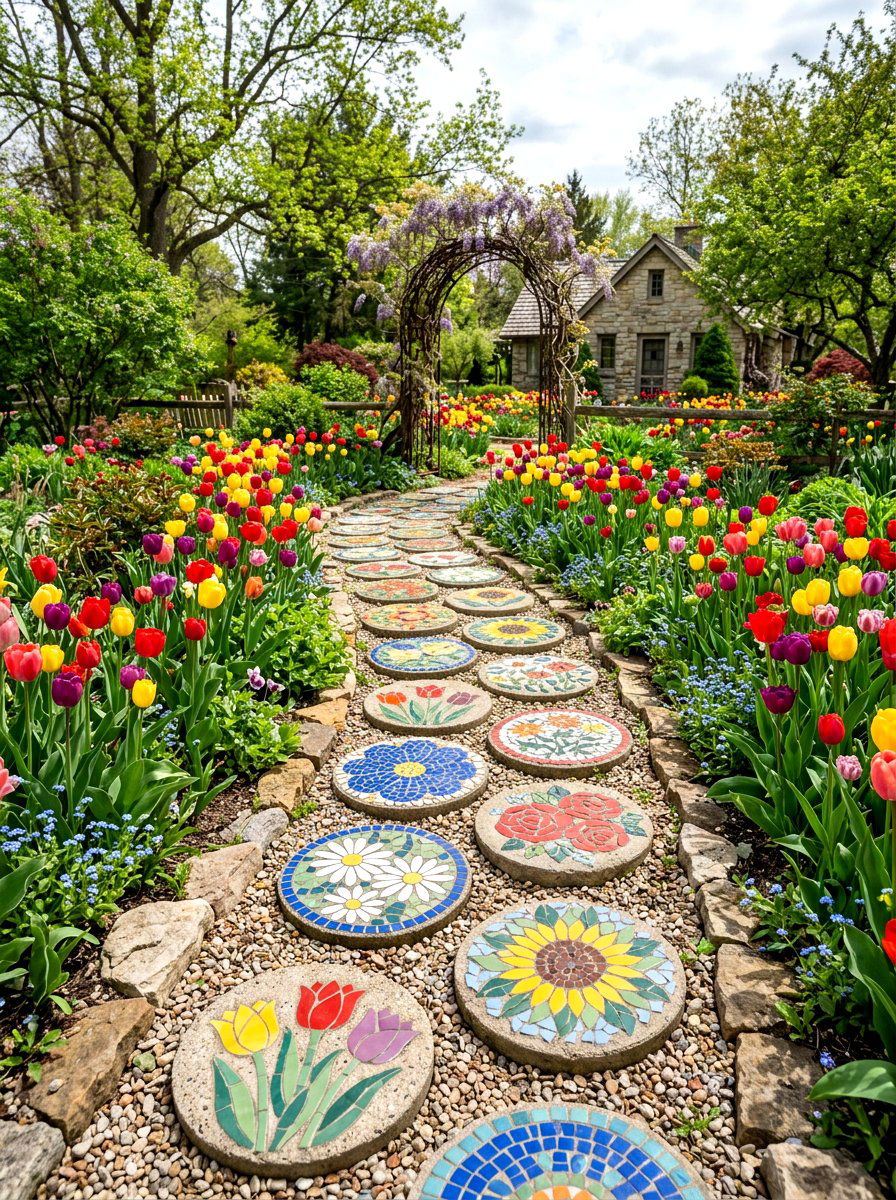 Mosaic Floral Garden Walkway - 25 Spring Stepping Stone Ideas