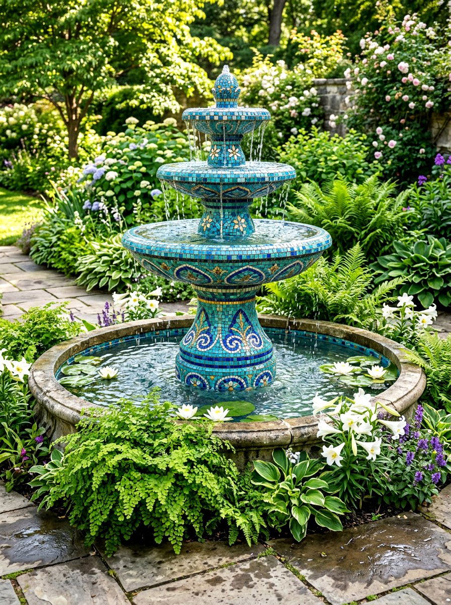 Mosaic Fountain - 25 Spring Mosaic Garden Decor Ideas