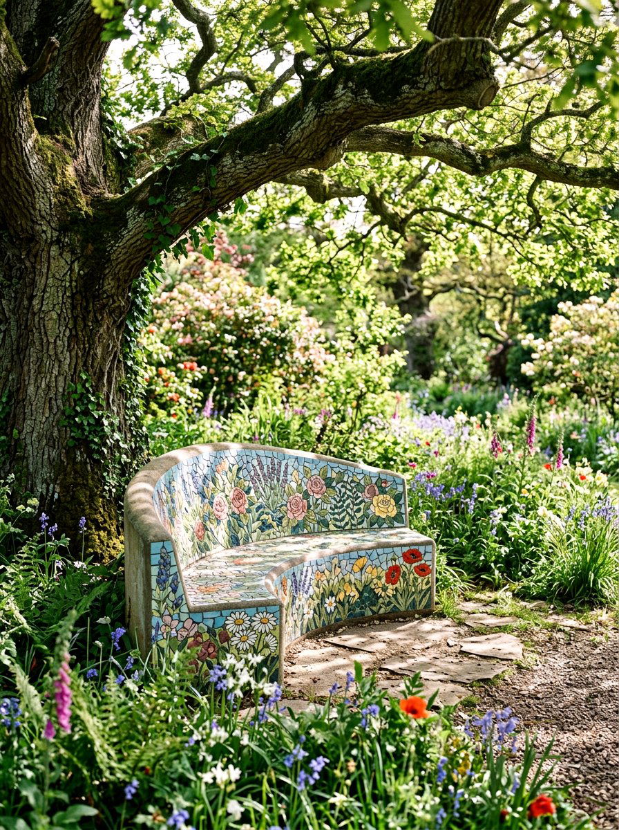 Mosaic Garden Bench - 25 Spring Mosaic Garden Decor Ideas