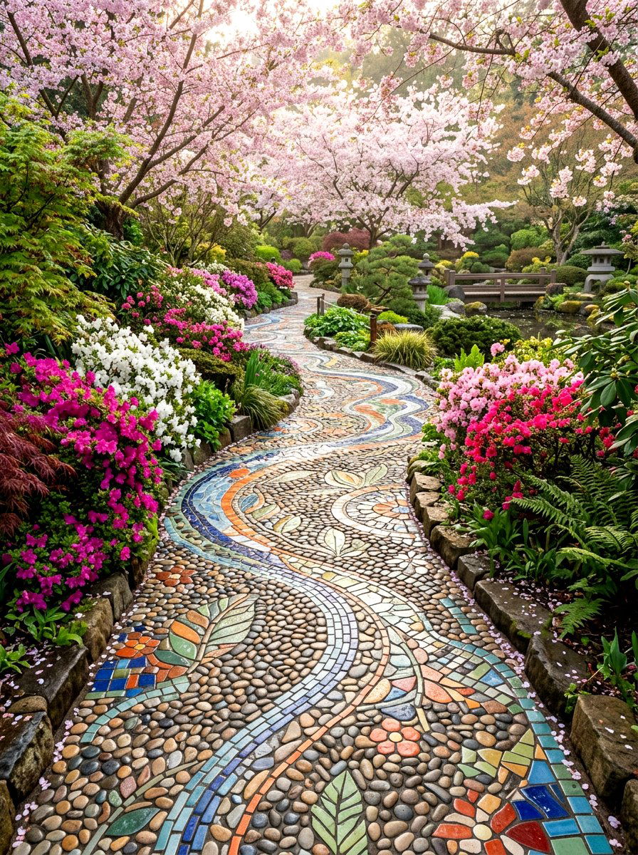 Mosaic Pathway - 25 Spring Mosaic Garden Decor Ideas