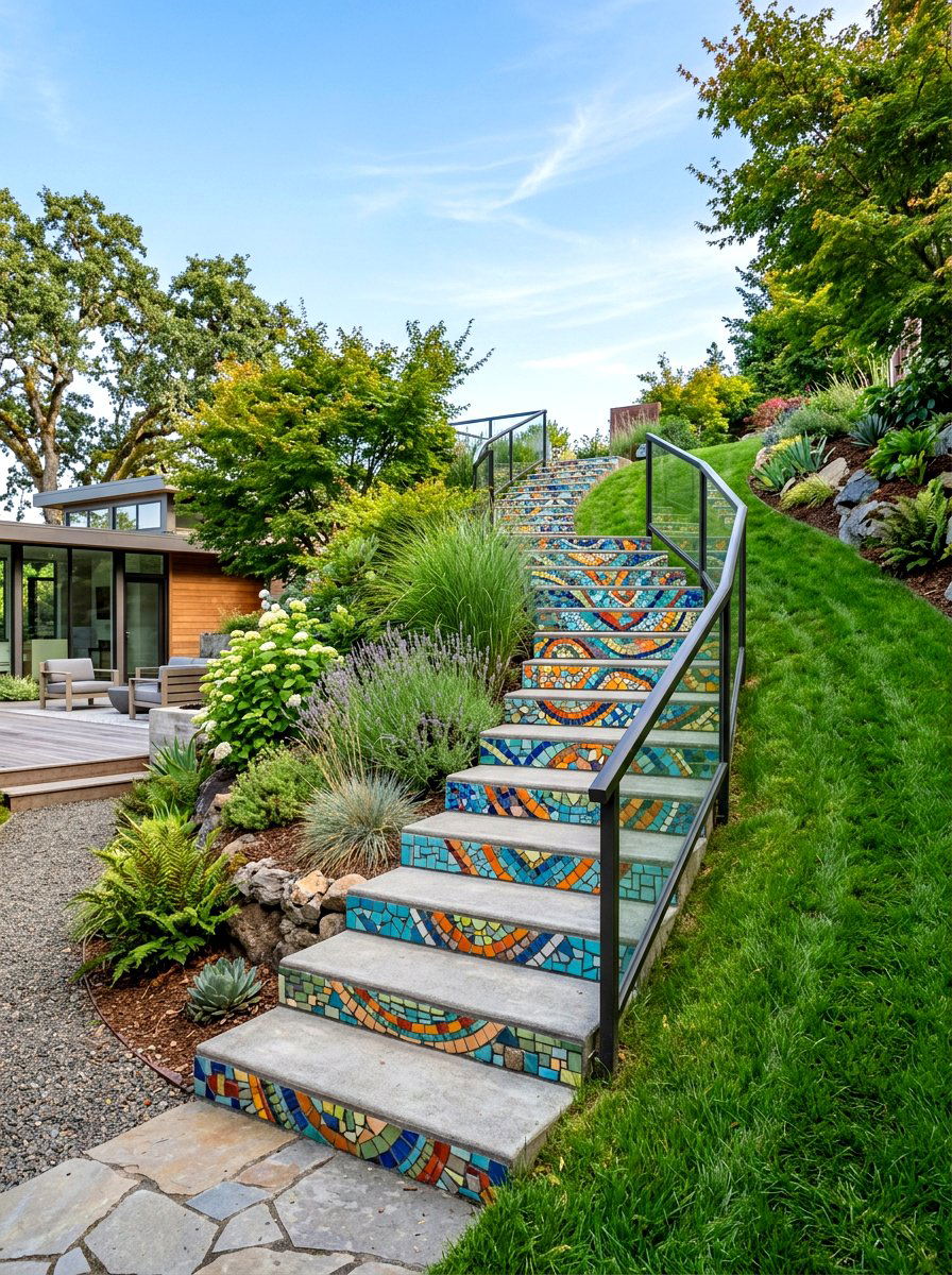 Mosaic Staircase - 25 Spring Mosaic Garden Decor Ideas