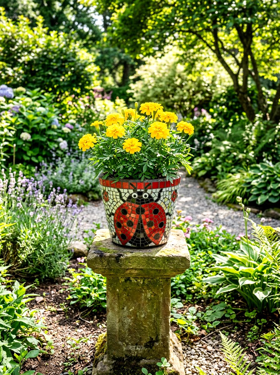 Mosaic Tile Ladybug Pot - 25 Spring Ladybug Planter Ideas
