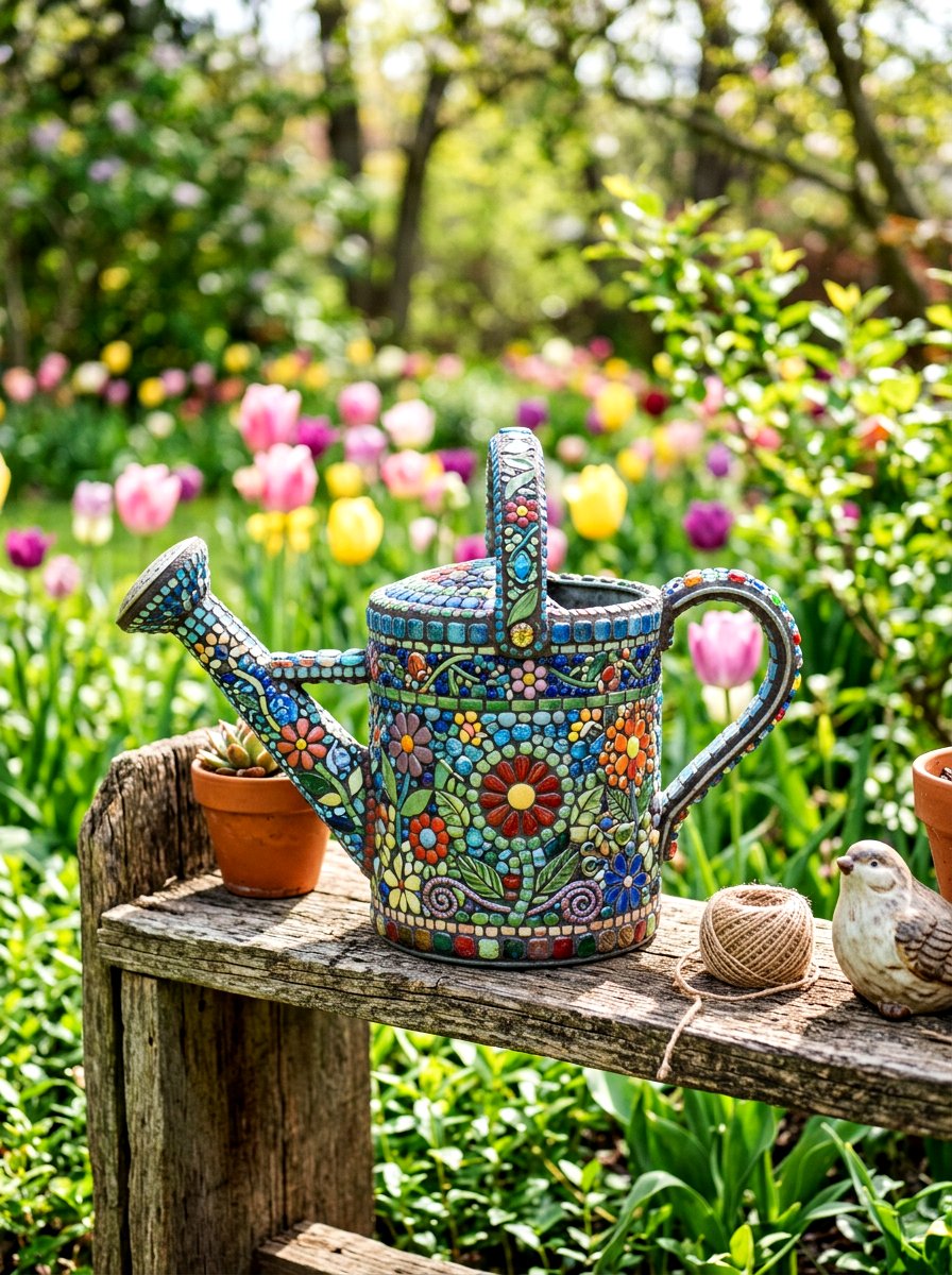 Mosaic Watering Can - 25 Spring Mosaic Garden Decor Ideas