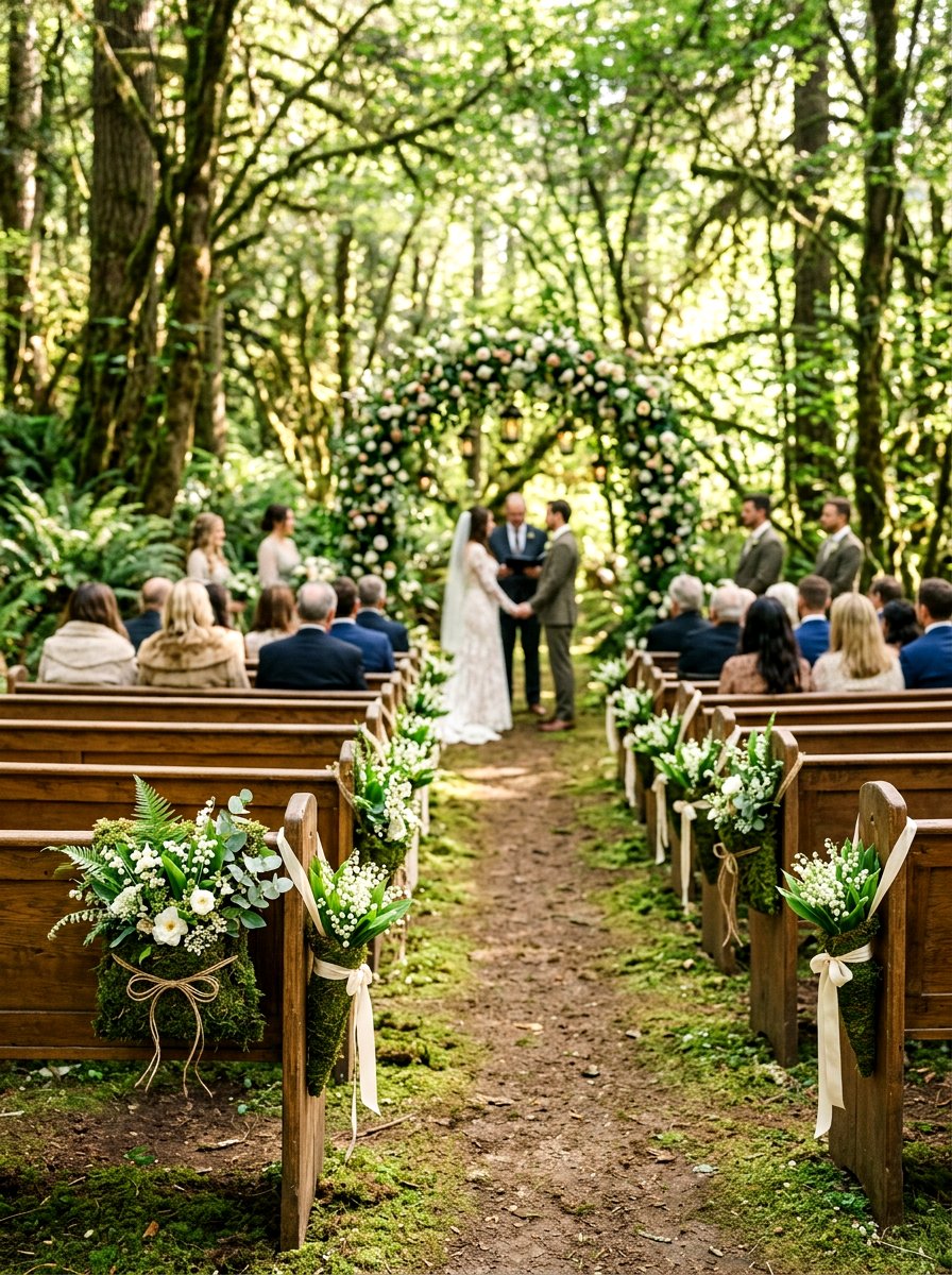 Moss And Floral Pew Pockets - 25 Spring Wedding Pew Decor Ideas