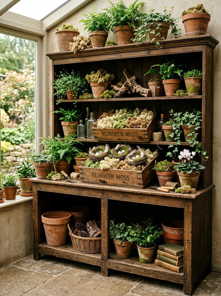 Moss And Greenery Hutch - 25 Spring Hutch Decor Ideas