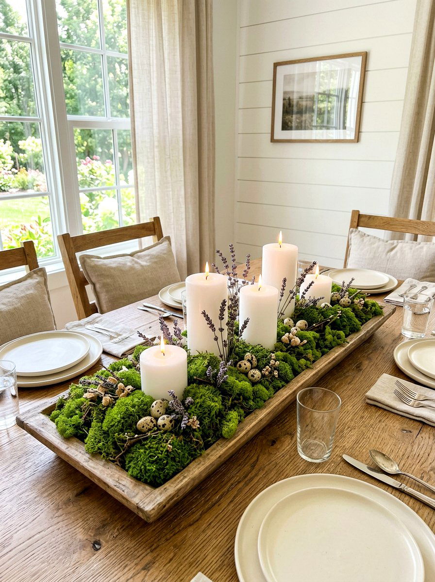 Moss And Pillar Candle Centerpiece - 25 Spring Candle Centerpiece Ideas