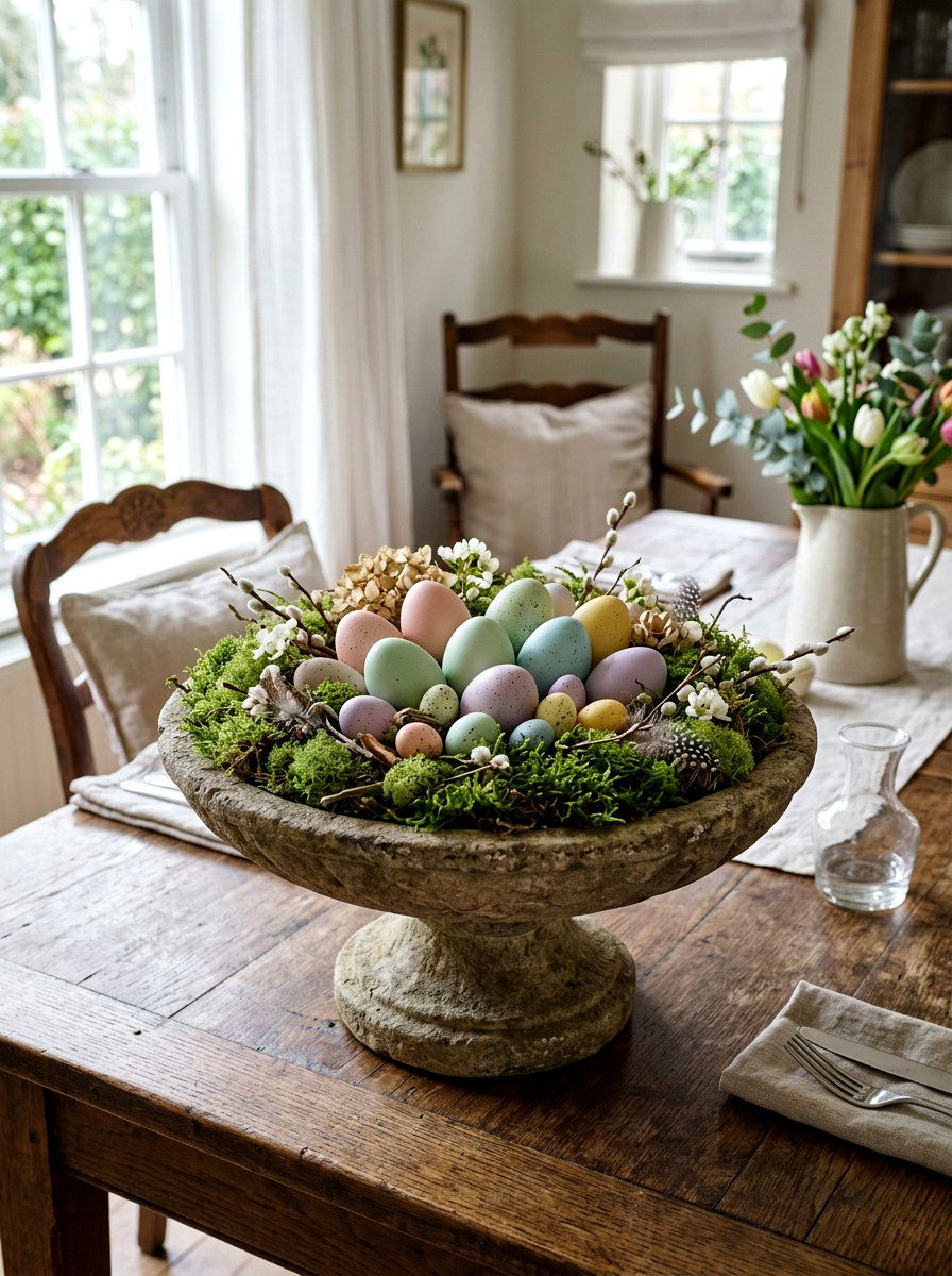Moss And Spring Eggs Centerpiece - 25 Spring Pedestal Bowl Ideas