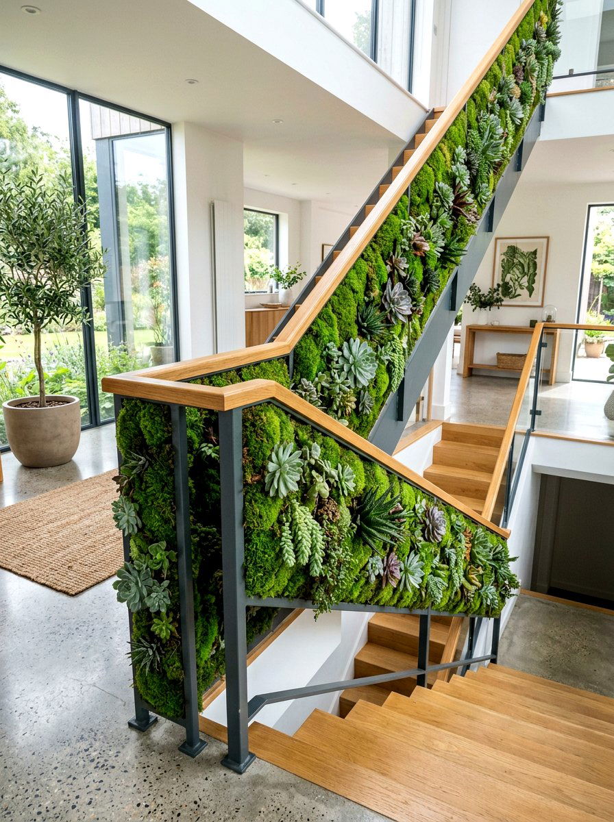 Moss And Succulent Banister - 25 Spring Banister Garland Ideas