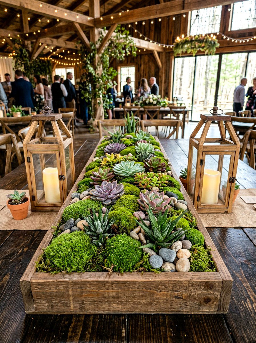 Moss And Succulent Display - 25 Spring Wedding Centerpiece Ideas