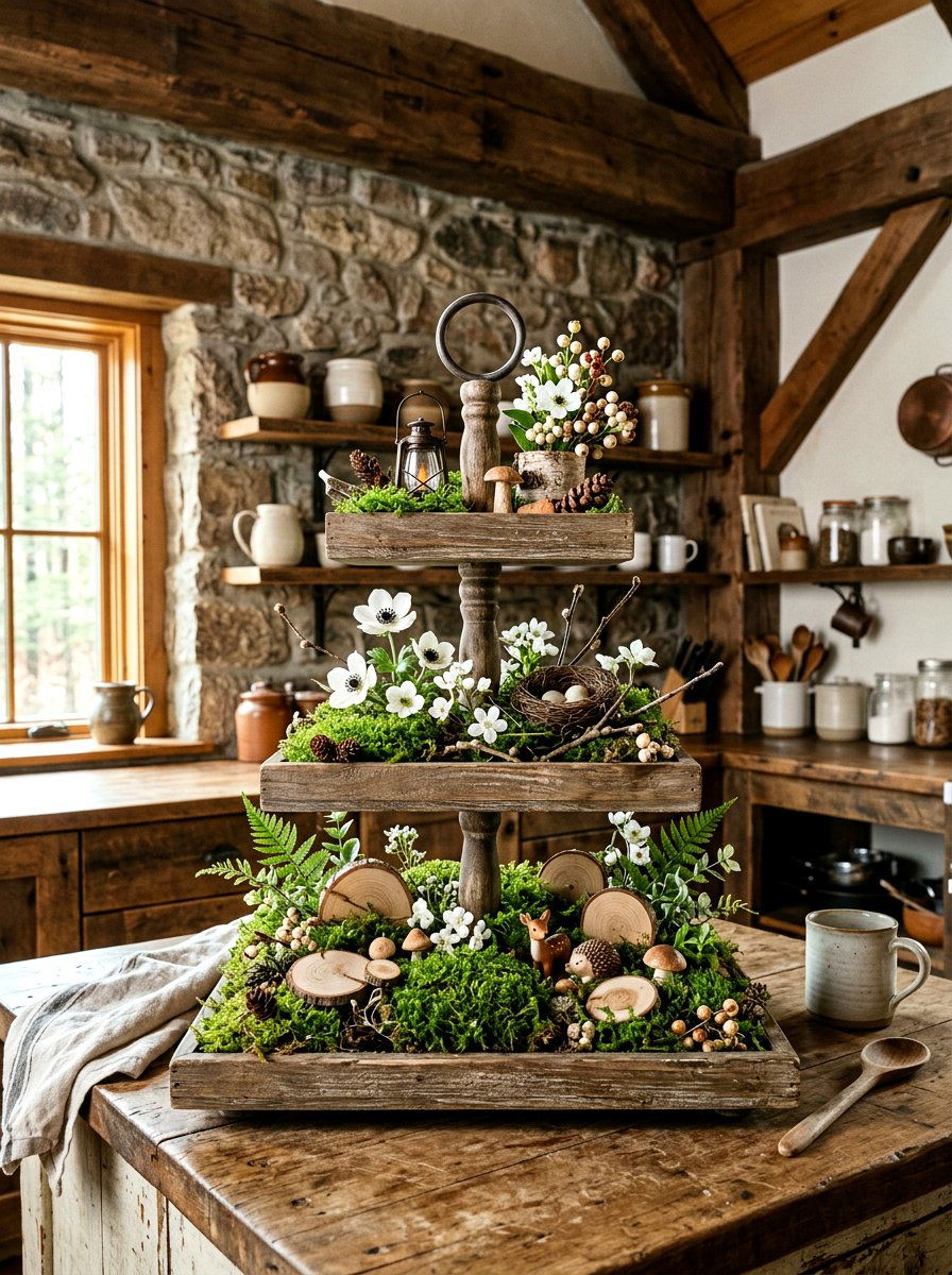 Moss And Wood Tray - 25 Spring Tiered Tray Ideas for Kitchen