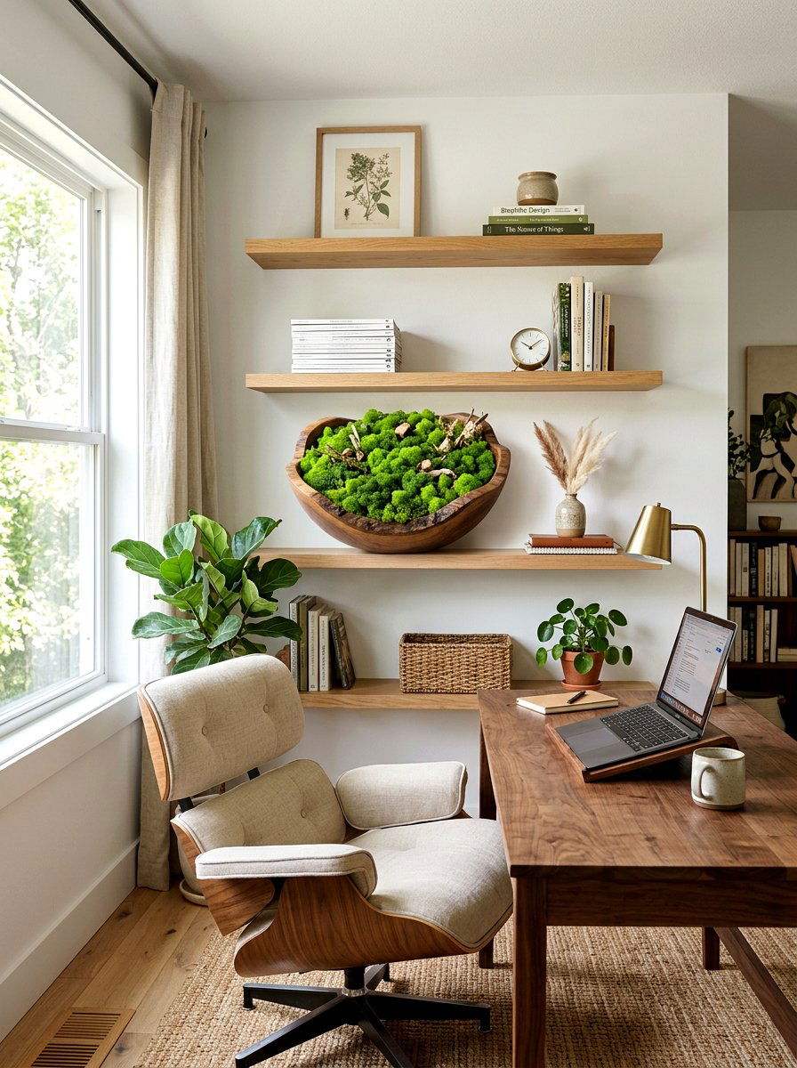 Moss Bowl Shelf Display - 25 Spring Floating Shelf Decor Ideas