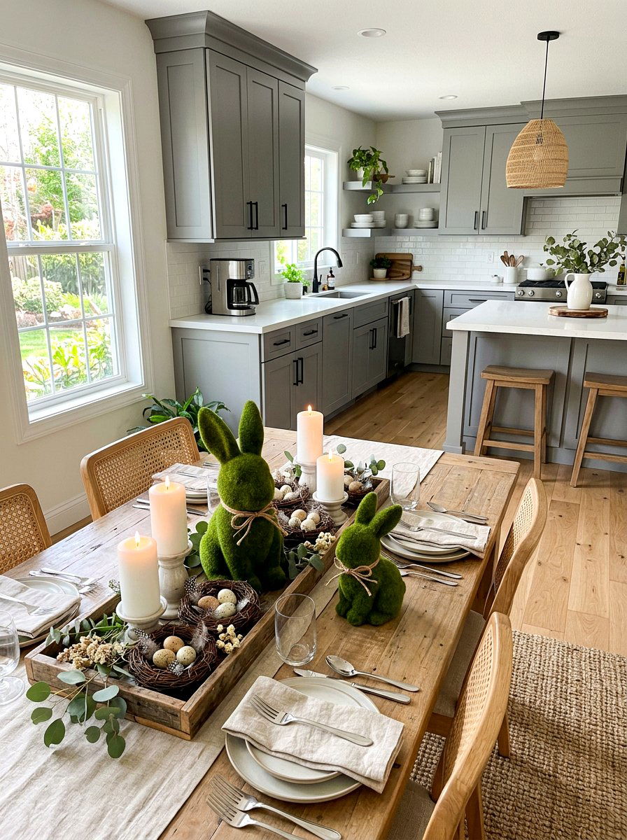 Moss Bunny Decor - 25 Spring Kitchen Table Arrangement Ideas