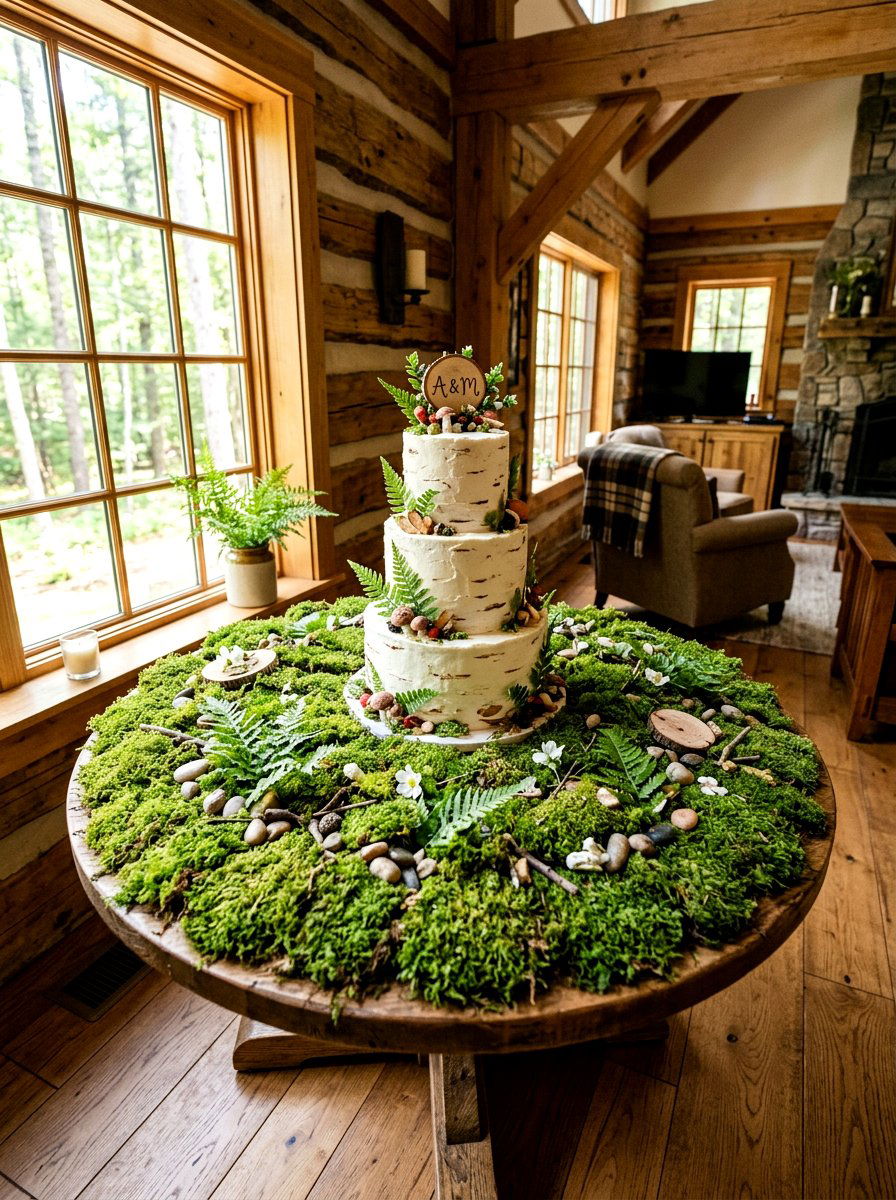 Moss Covered Cake Base - 25 Spring Wedding Cake Table Ideas