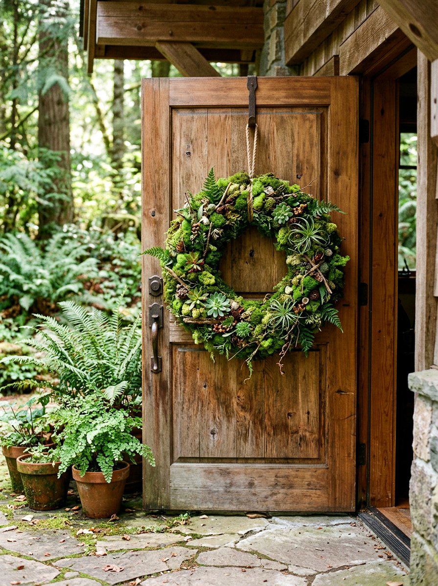 Moss Covered Door Wreath - 25 Spring Outdoor Wreath Ideas