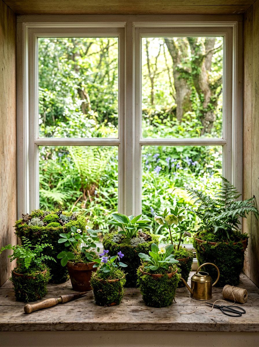 Moss Covered Pots - 25 Spring Kitchen Windowsill Ideas