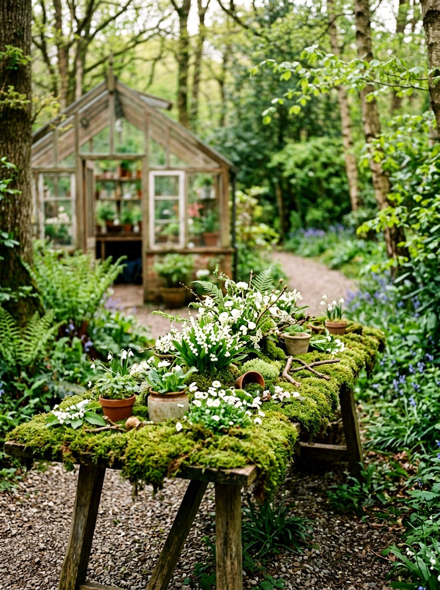 Moss Covered Table Display - 25 Spring Greenhouse Display Ideas