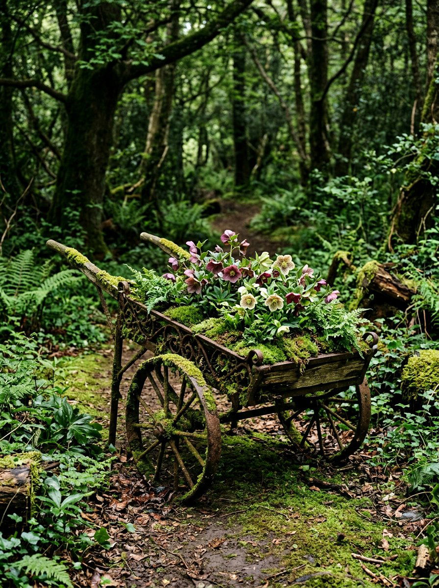 Moss Covered Vintage Garden Cart - 25 Spring Garden Cart Display Ideas
