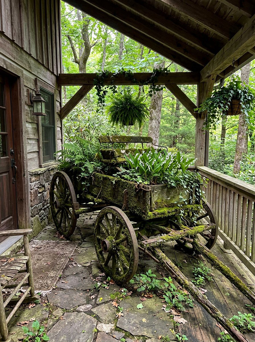 Moss Covered Wagon - 25 Spring Porch Wagon Decor Ideas