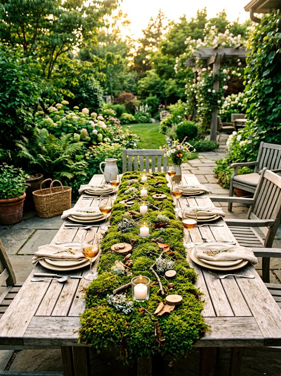 Moss Table Runner - 25 Spring Dining Table Centerpiece Ideas