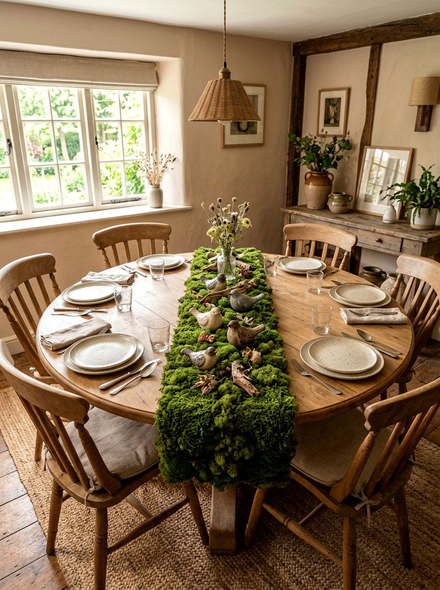 Moss Table Runner - 25 Spring Round Table Decor Ideas