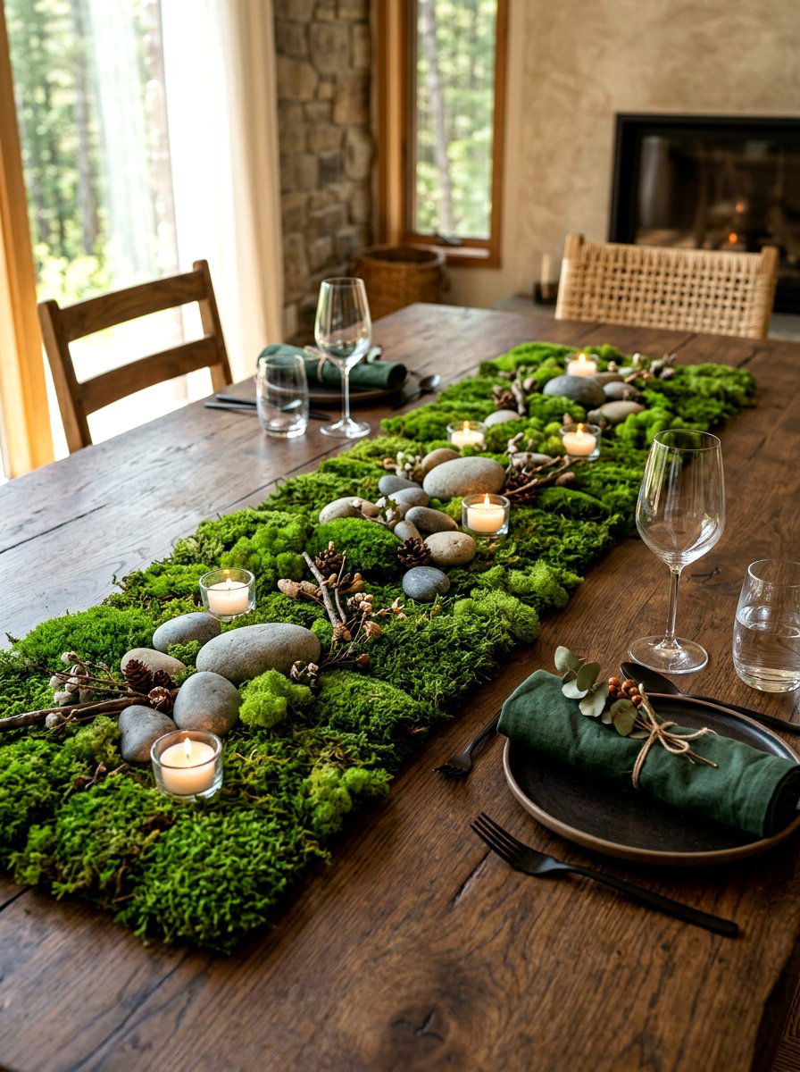 Moss Table Runner - 25 Spring Table Decor Ideas
