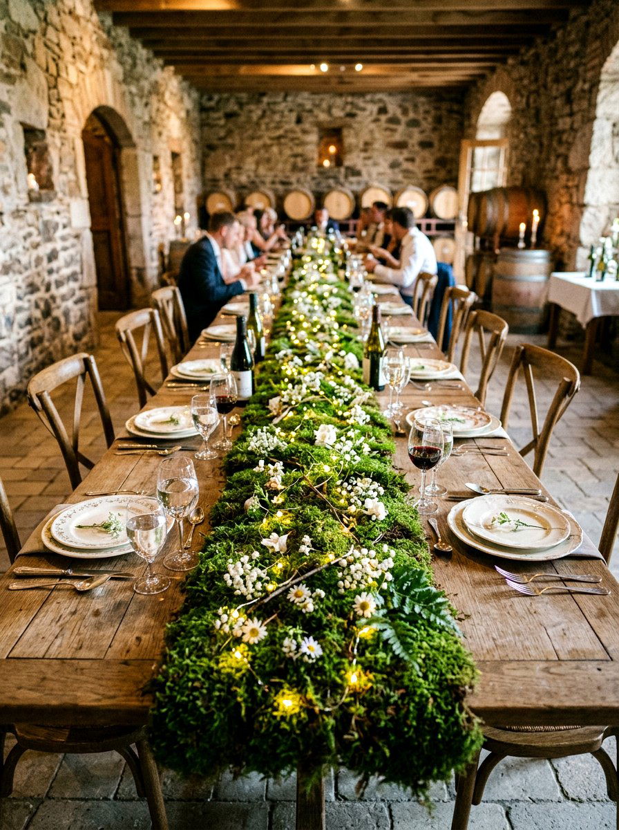 Moss Table Runner - 25 Spring Wedding Table Decor Ideas