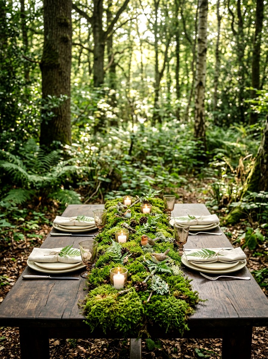 Moss Table Runner - 25 Spring Outdoor Table Decor Ideas