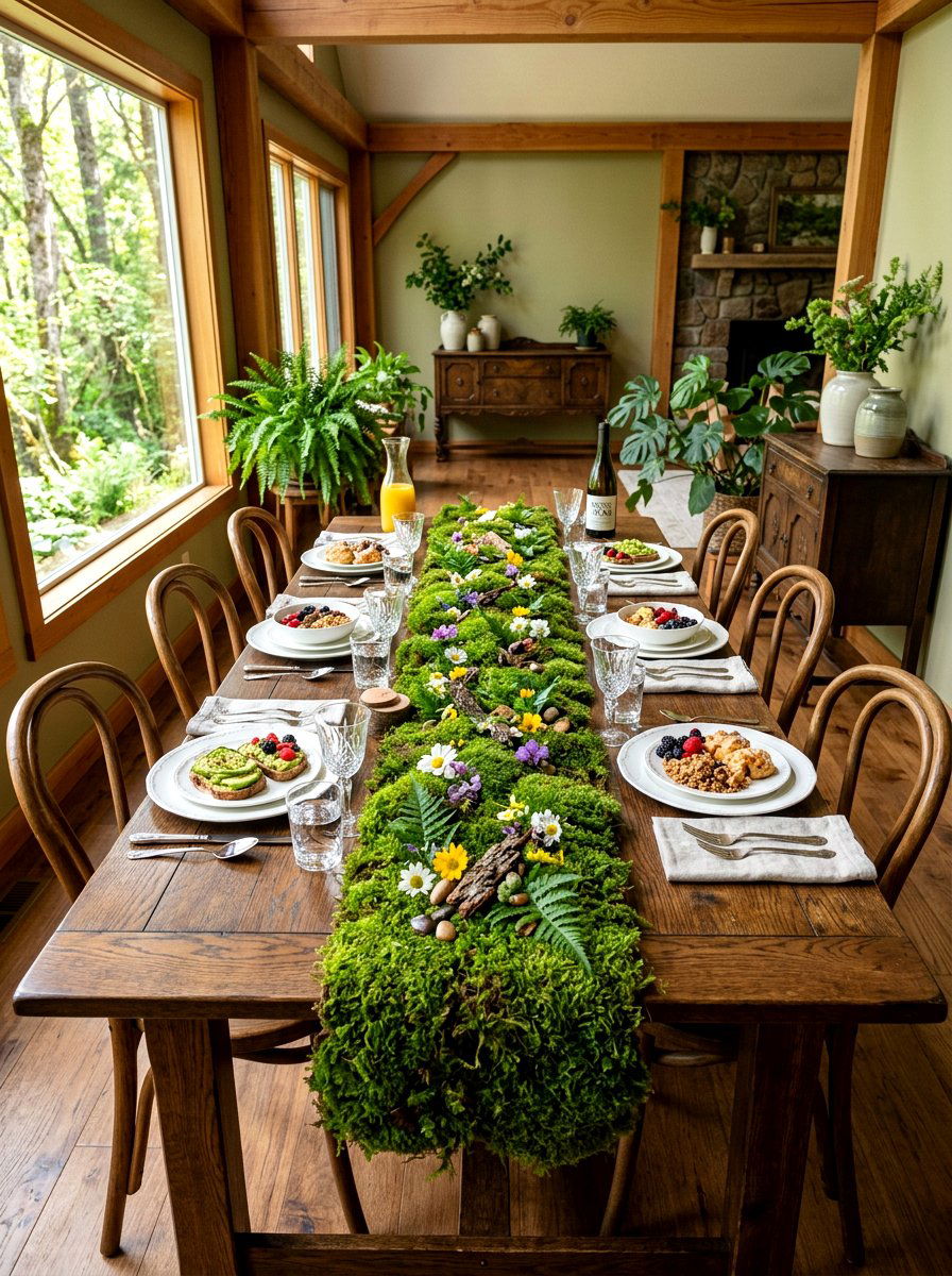 Moss Table Runner - 25 Spring Brunch Table Ideas