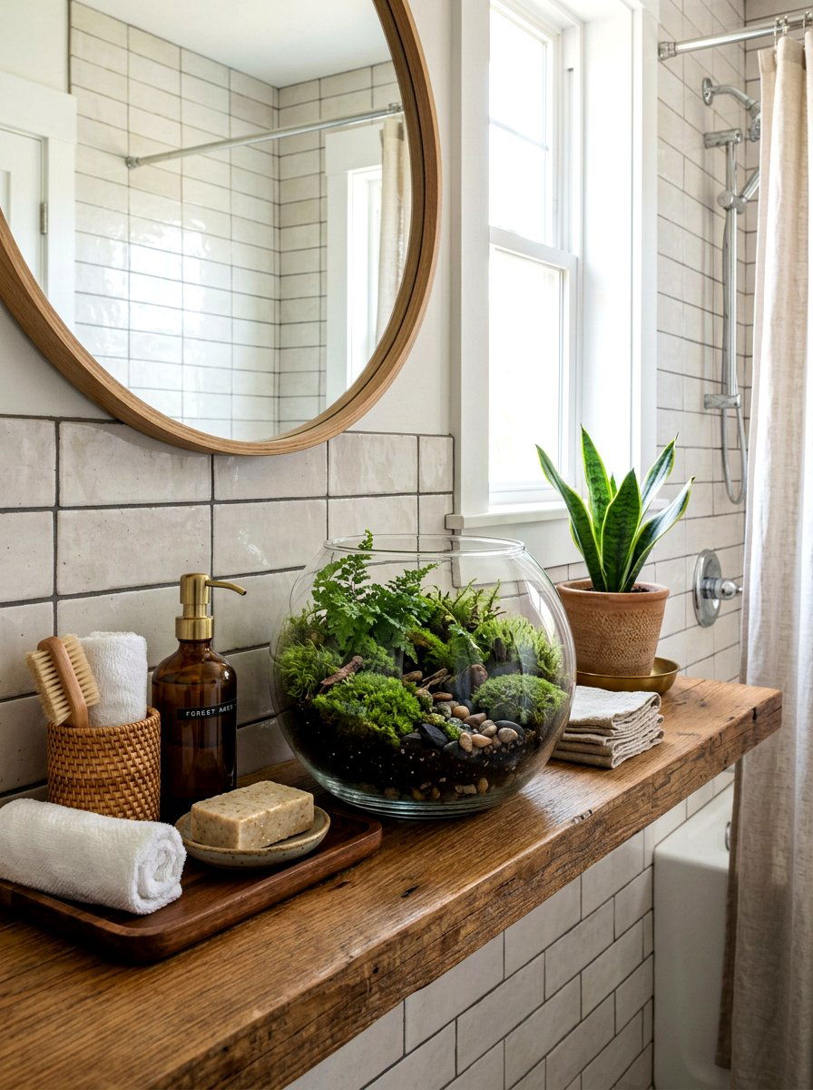 Moss Terrarium Display - 25 Spring Bathroom Shelf Decor Ideas