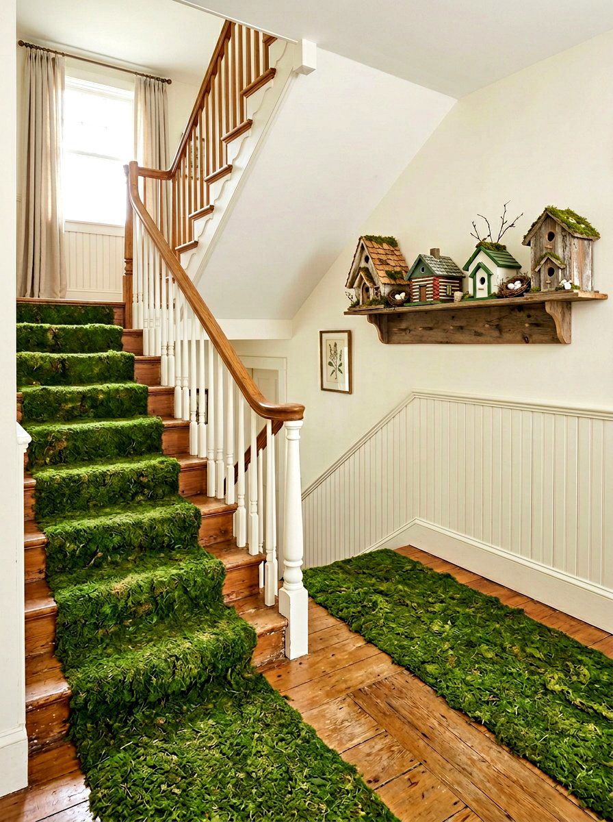 Moss and birdhouse stair landing - 25 Spring Staircase Decor Ideas