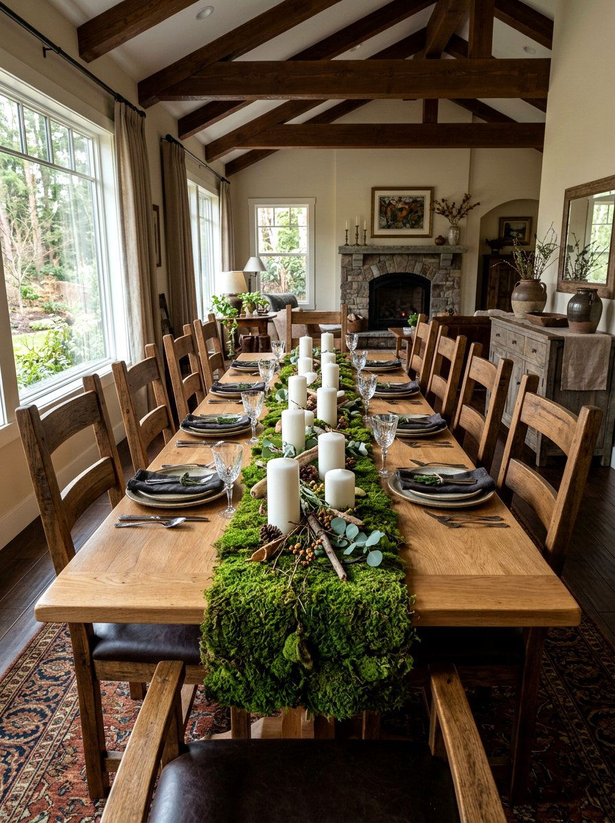 Moss and candle table runner - 25 Spring Pillar Candle Ideas