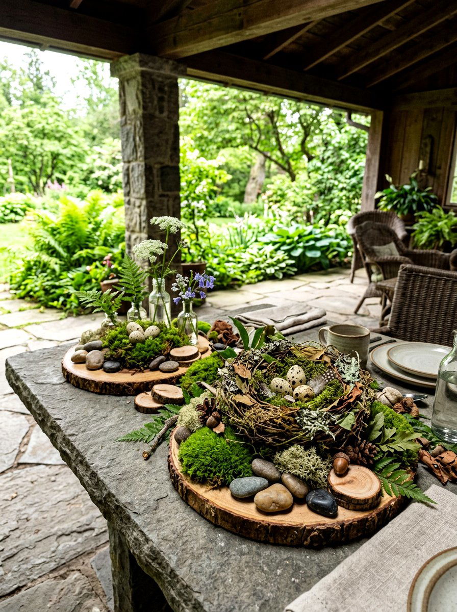 Moss and nest centerpieces - 25 Spring Porch Table Decor Ideas