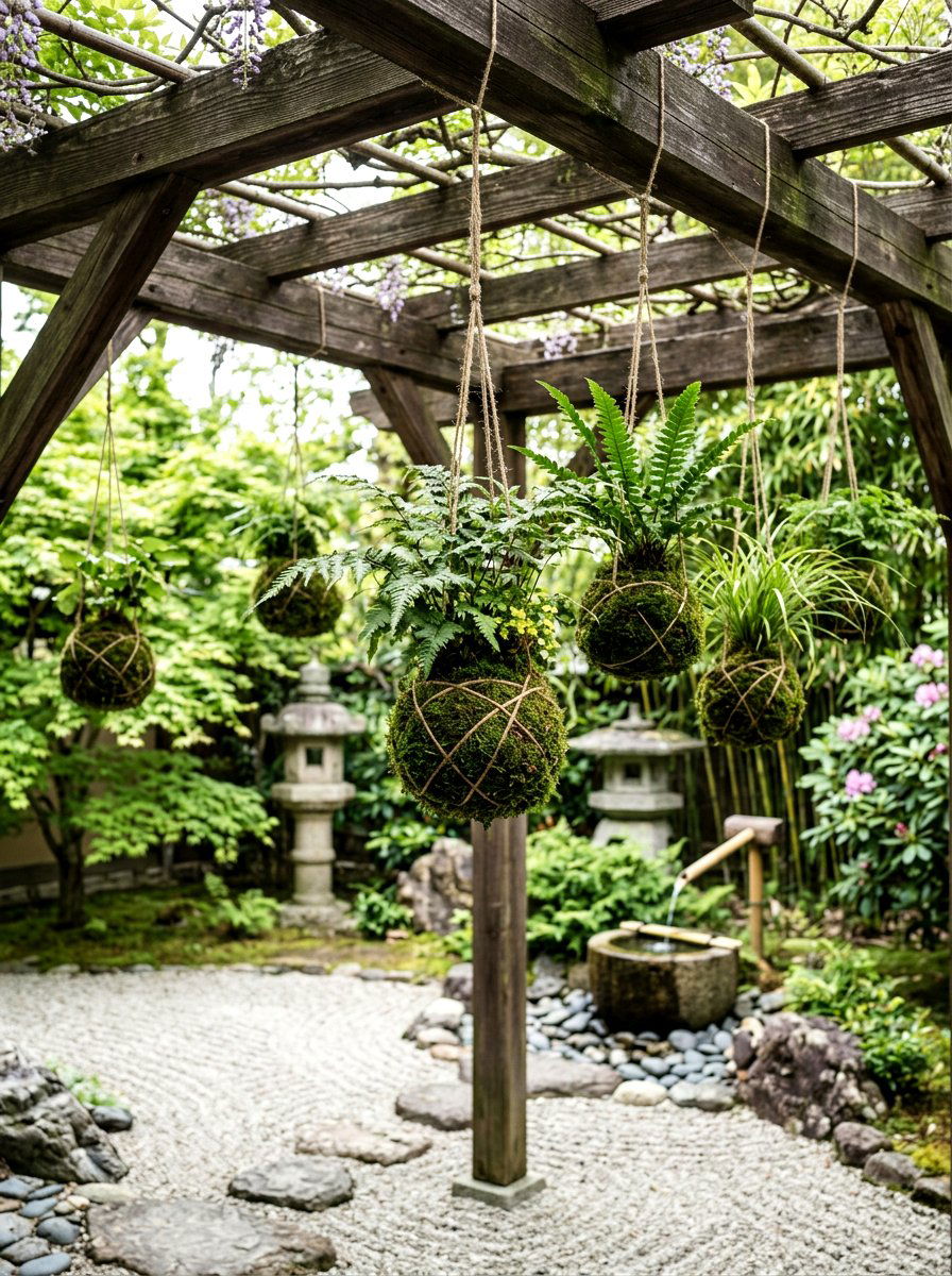 Moss ball kokedama - 25 Spring Pergola Hanging Decor Ideas