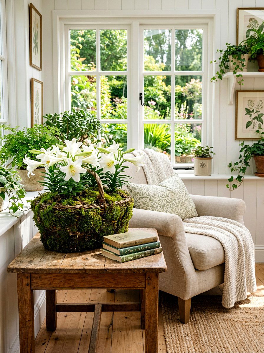 Moss covered basket - 25 Spring Basket Decor Ideas